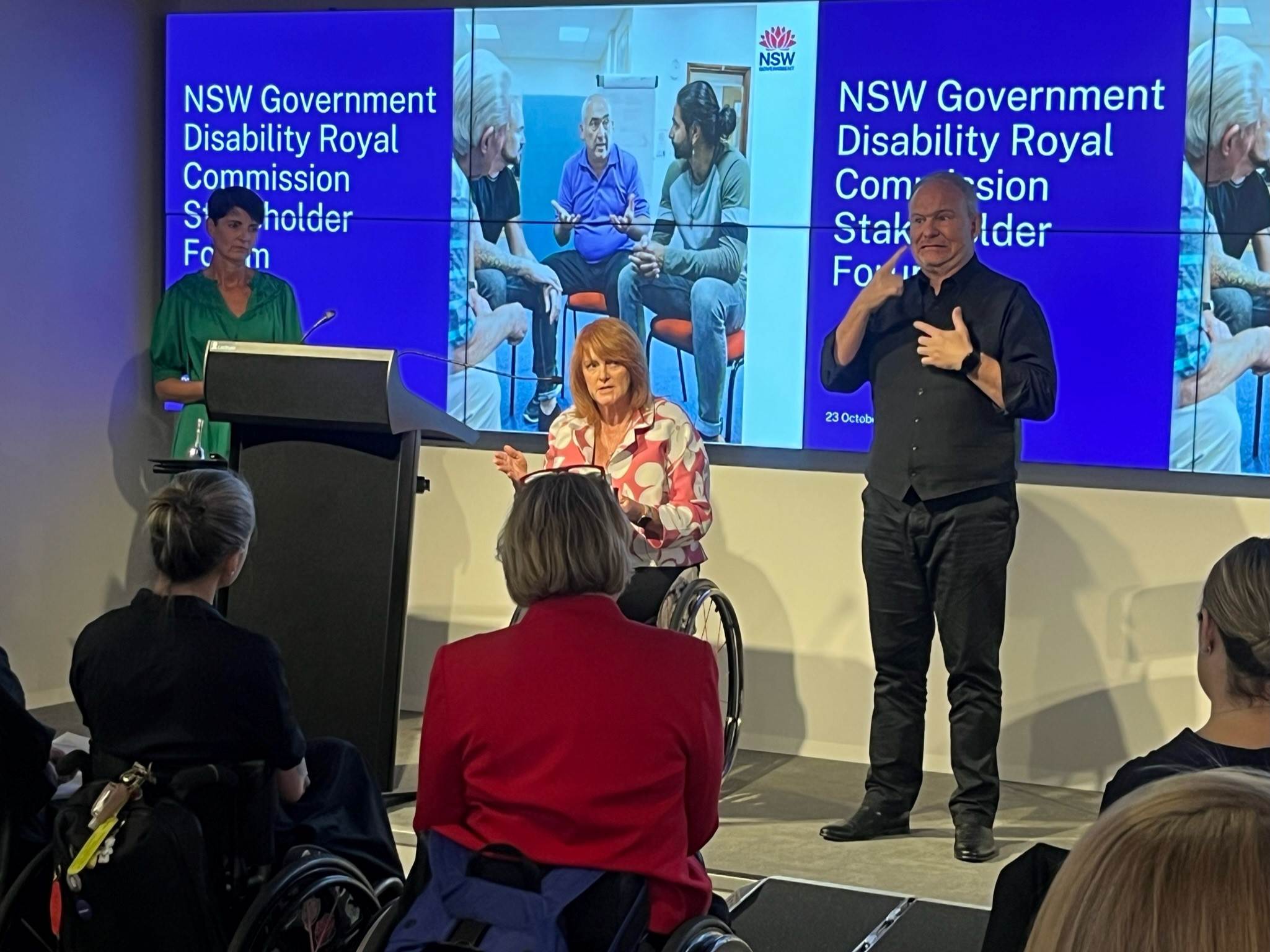 A woman with ginger hair speaks in a front a crowd. The woman is a wheelchair user. To her right, a sign language interpreter provides live interpretation.